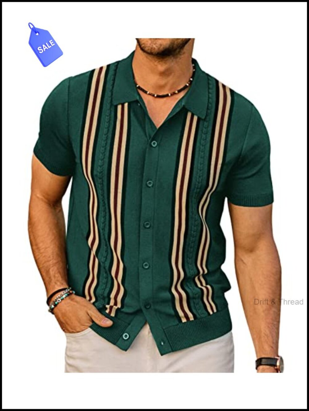 Mens Knitted Polo Shirt Vintage Button Down Short Sleeve Retro Striped Geo